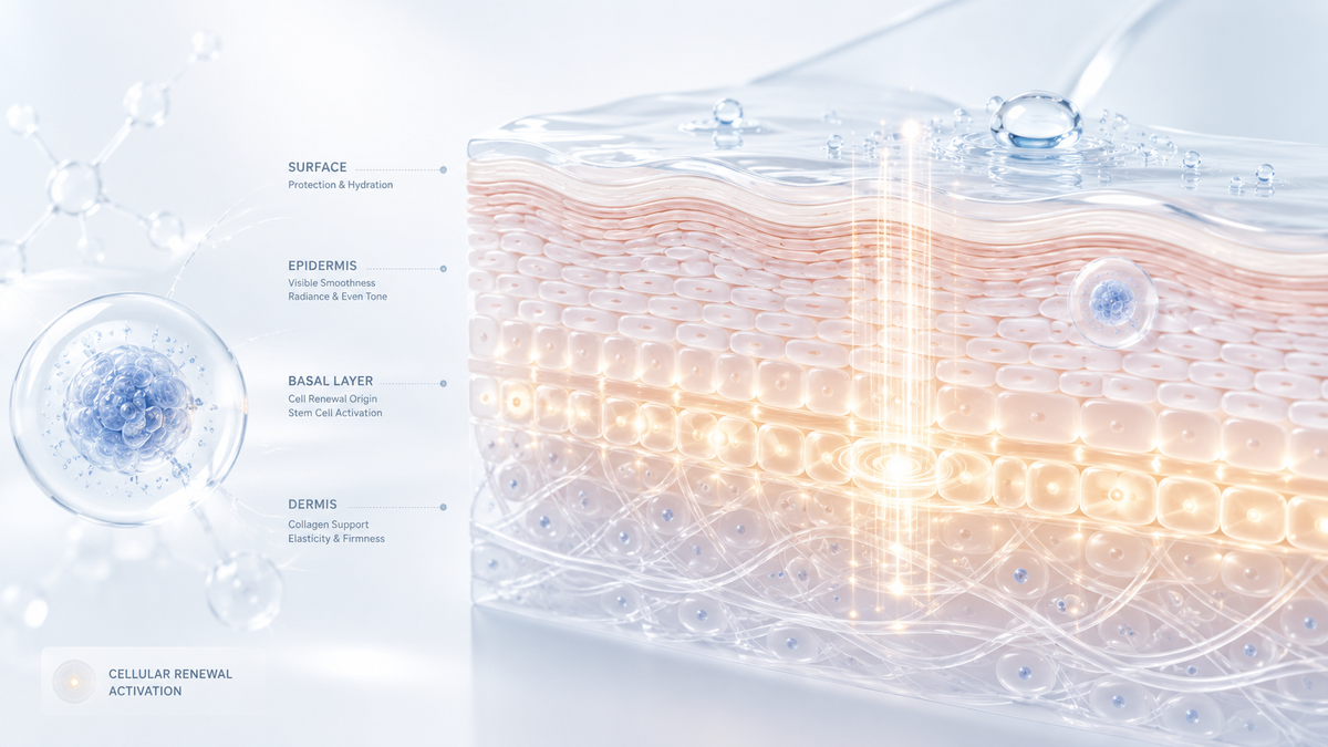 Basal layer skin renewal diagram showing cellular communication and regenerative skincare science.