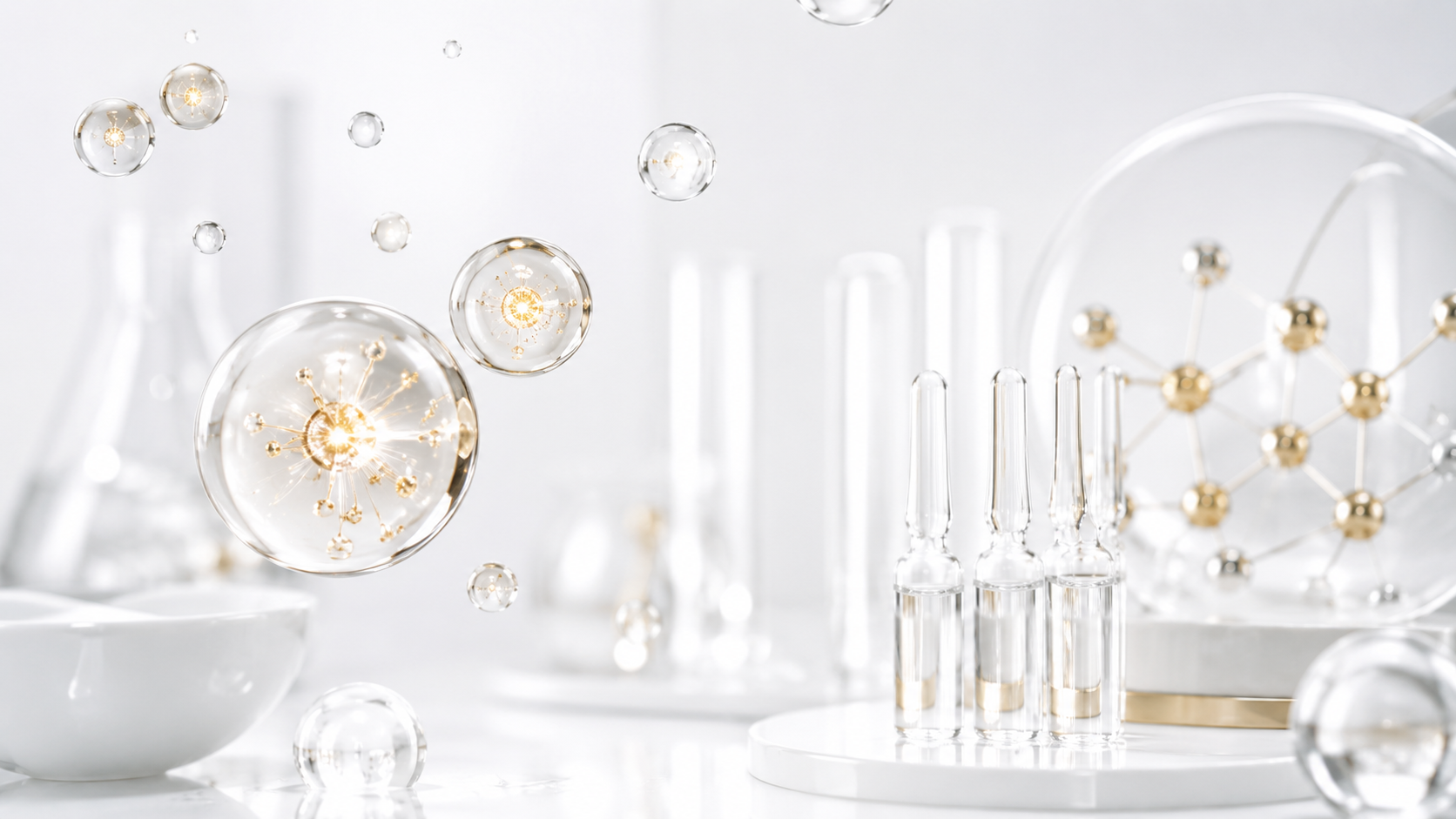 Luxury exosome skincare concept with glass ampoules and regenerative beauty science.