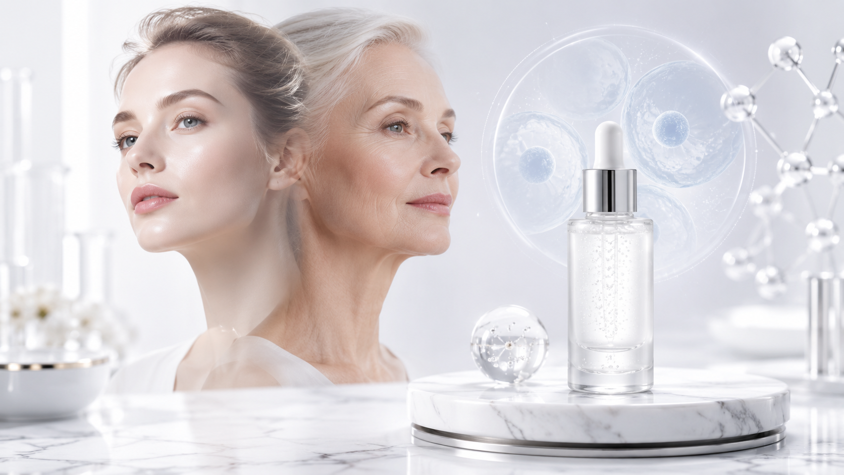 Luxury skin longevity skincare concept with serum and cellular renewal design.