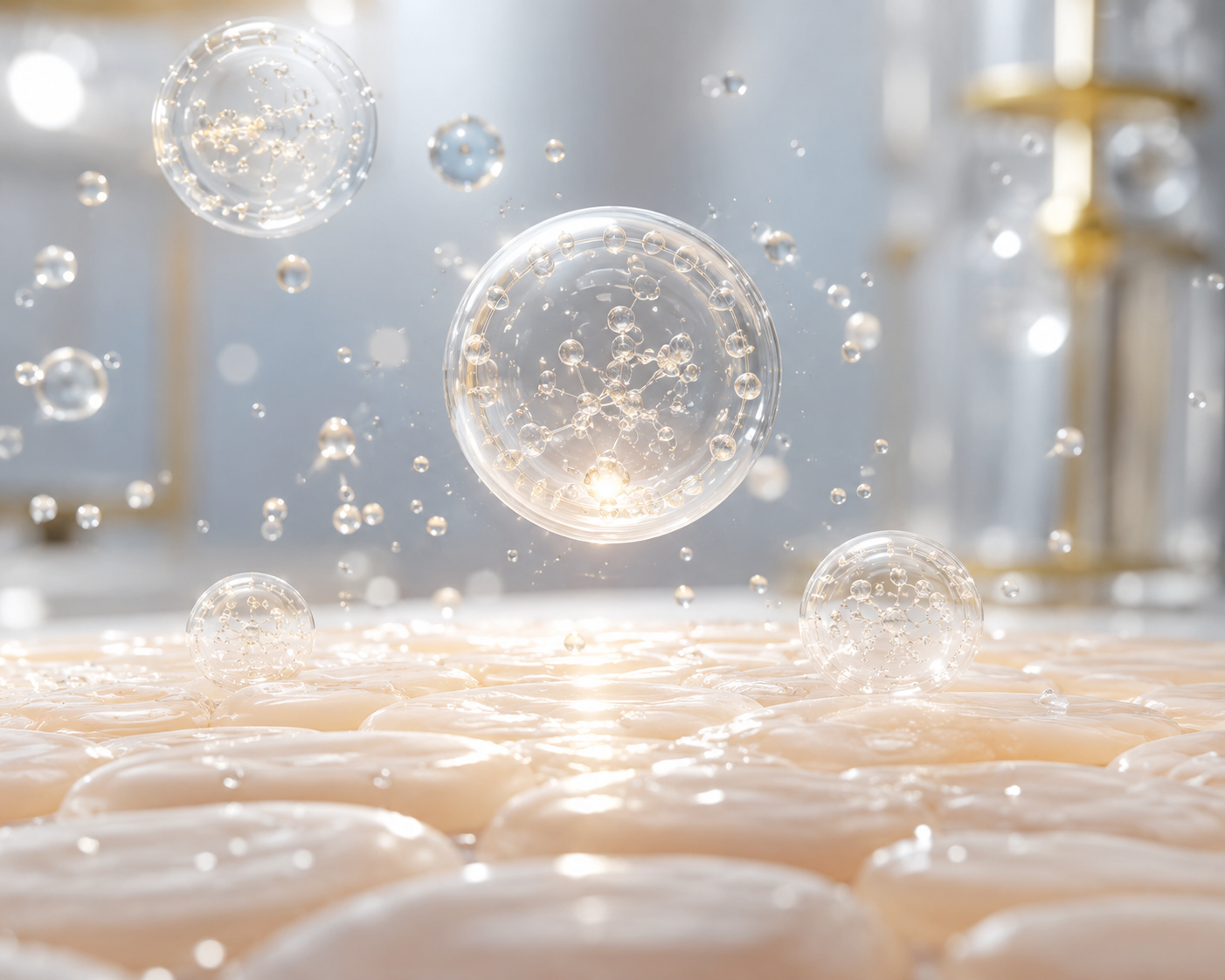 Luxury regenerative skincare visualization featuring translucent exosome-inspired vesicles above luminous hydrated skin, showcasing advanced cellular communication and premium biotech skincare innovation.