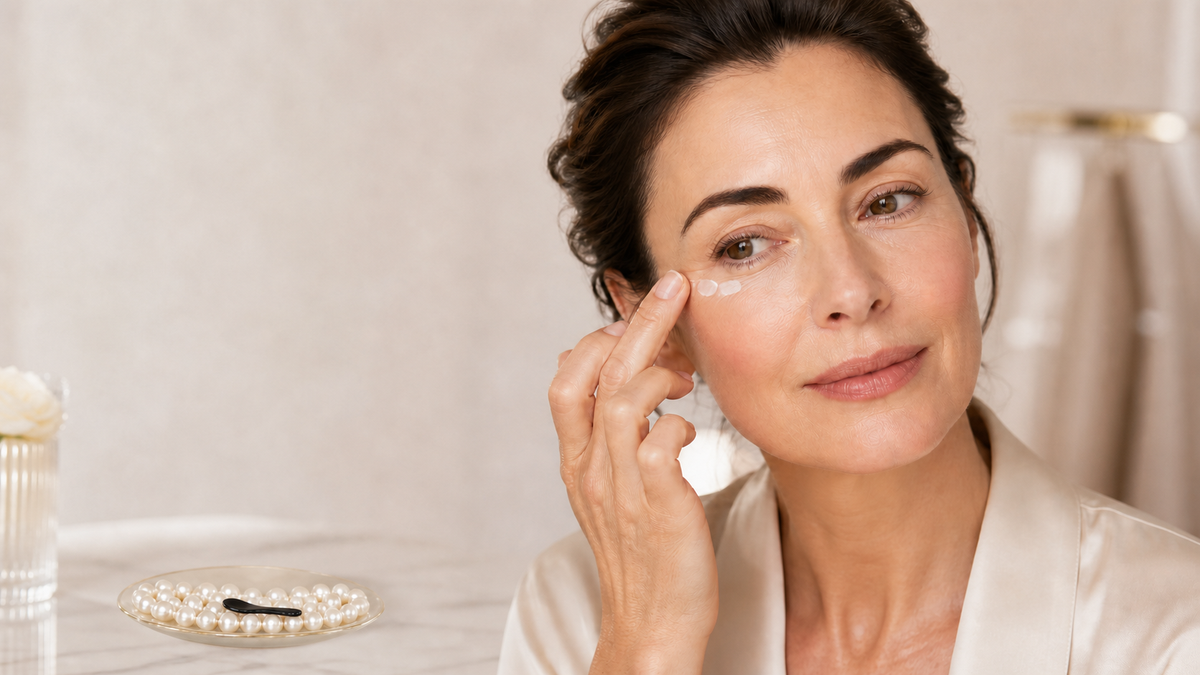 Woman gently applying eye cream beside visible expression lines, with a compact black cosmetic spatula in an ivory CELONIQUE setting.