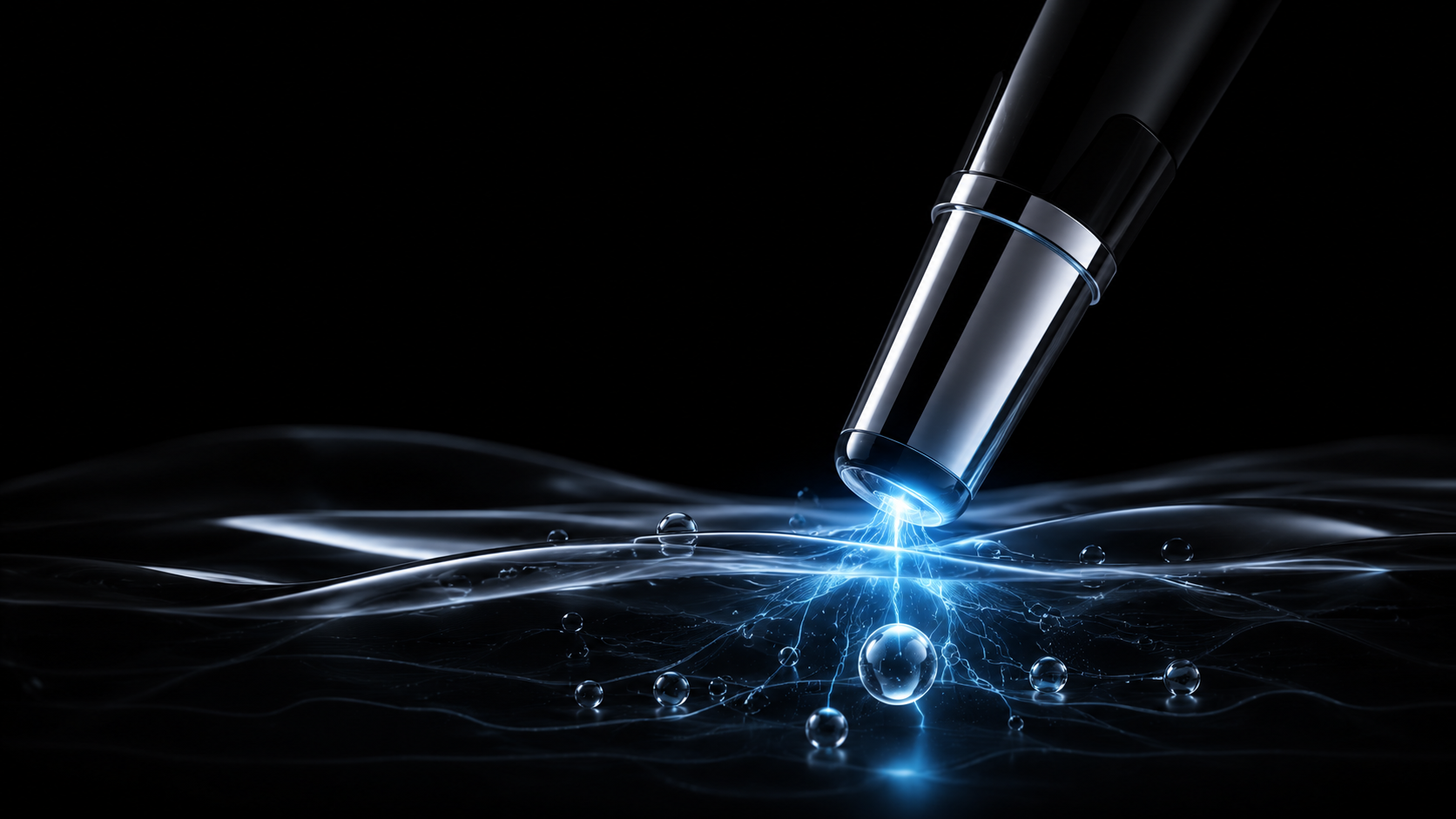 Minimal black high-tech skincare background with blue ion energy and metallic device probe, representing iontophoresis, active ingredient delivery, and advanced cellular skincare technology
