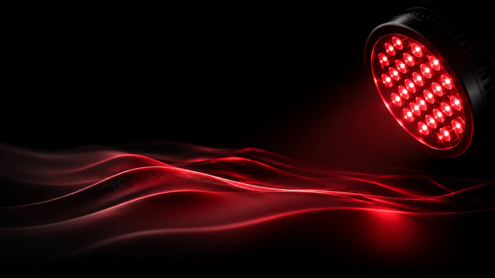 Minimal black luxury skincare background with red LED light therapy device and glowing red waves, representing professional red light therapy and non-invasive skin rejuvenation