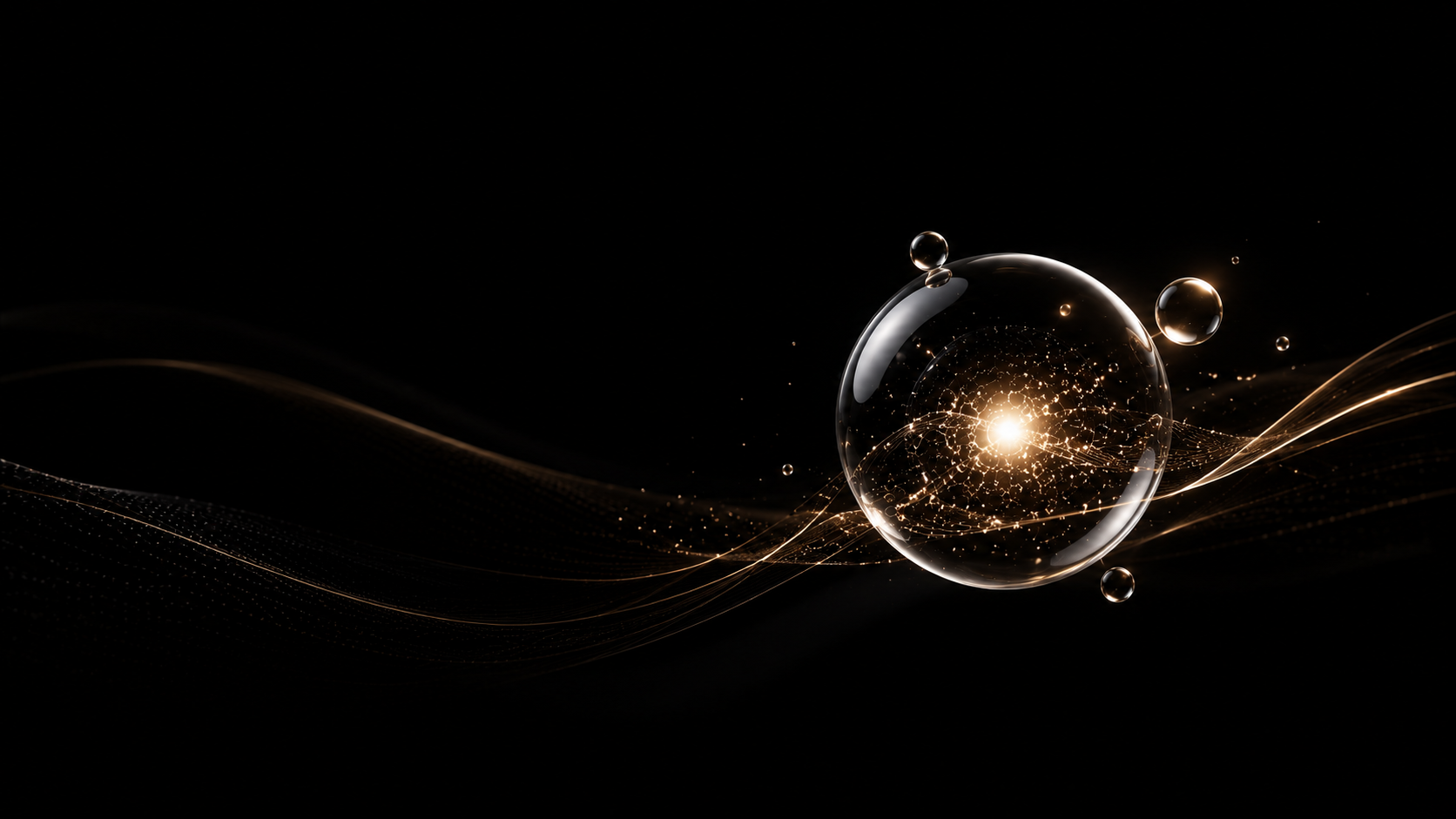 Minimal black luxury biotech skincare background with golden cellular sphere, representing exosome skincare, cellular communication, and regenerative skin renewal