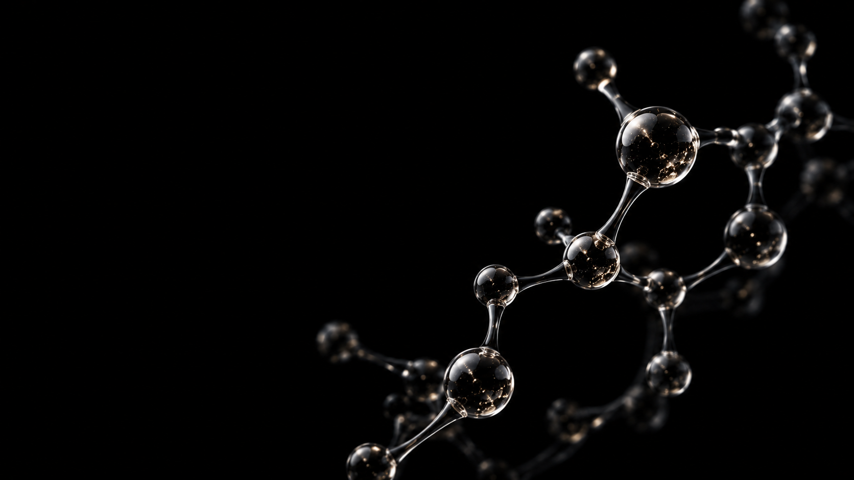 Minimal black luxury biotech skincare background with molecular peptide structure, representing multi-polypeptide complexes, skin firmness, and advanced regenerative skincare science