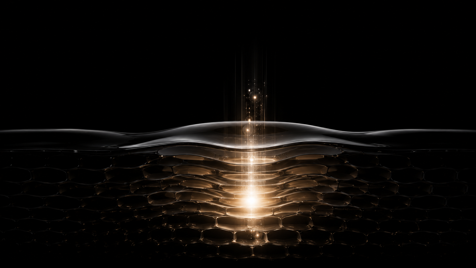 Minimal black luxury biotech skincare background with golden light penetrating cellular layers, representing deep cellular renewal and regenerative skin science