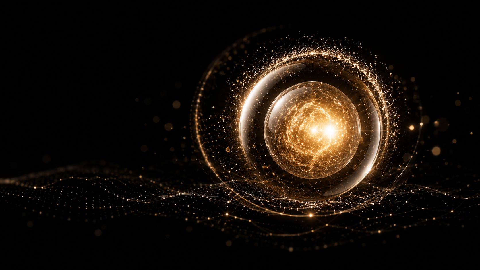 Minimal black luxury biotech skincare background with golden cellular energy sphere, representing cellular protection, skin vitality, and regenerative skincare science