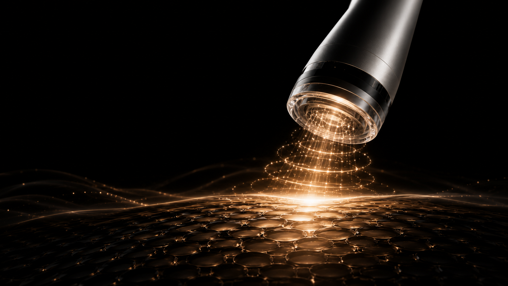 Minimal black luxury aesthetic background with golden treatment energy over cellular layers, representing professional regenerative skincare treatments and advanced clinic technology