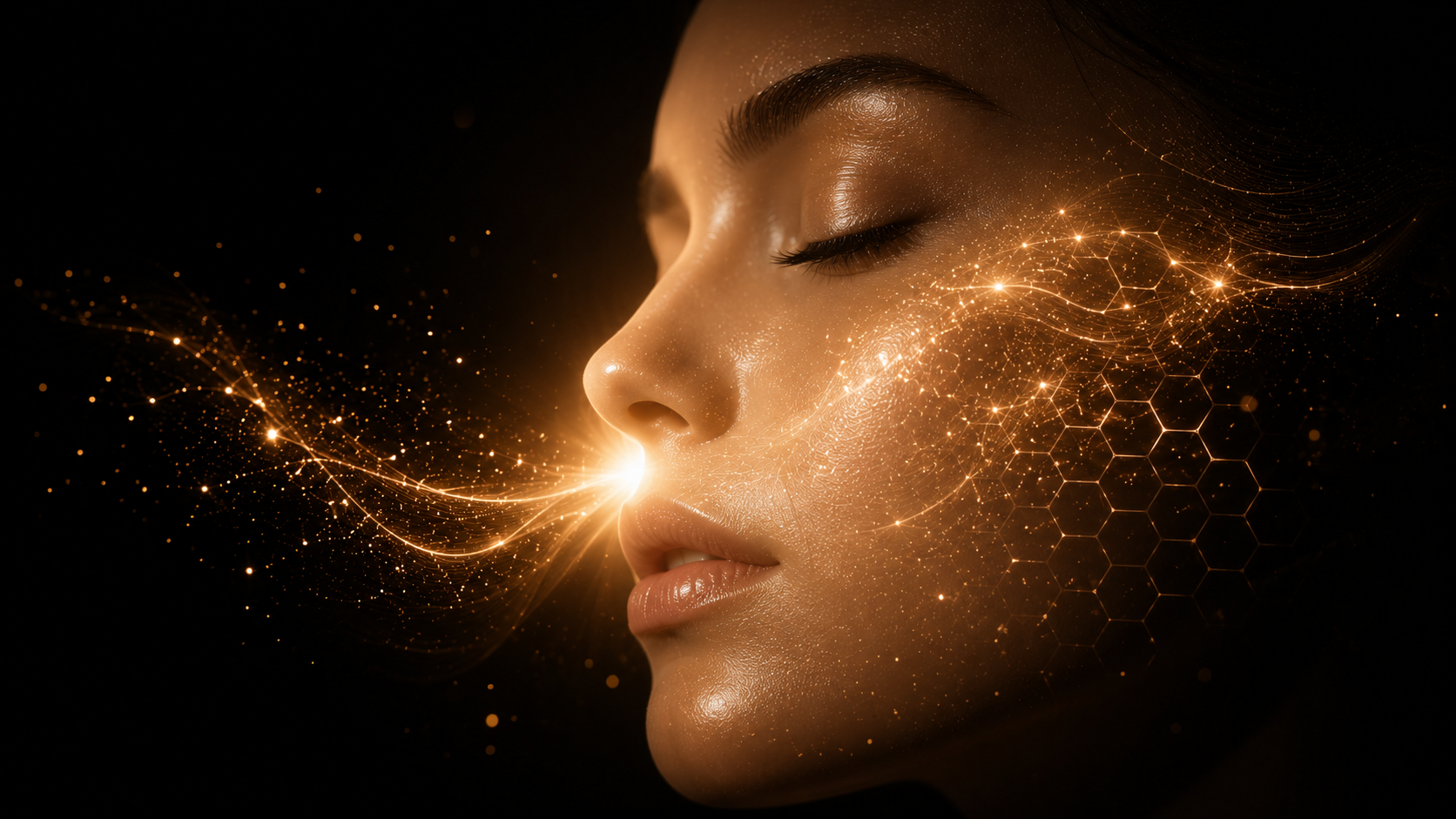 Minimal black luxury skincare background with radiant golden skin energy, representing visible radiance, skin vitality, glow, and regenerative beauty science