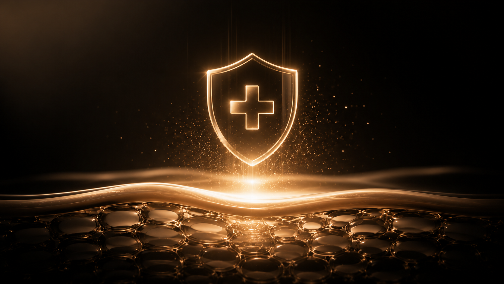 Minimal black luxury skincare background with golden protective shield over cellular layers, representing post-treatment support, skin recovery care, and regenerative barrier protection