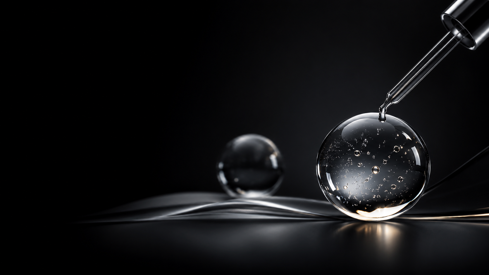 Minimal black luxury skincare background with glass spheres and pipette, representing firmness, elasticity, and advanced regenerative beauty science