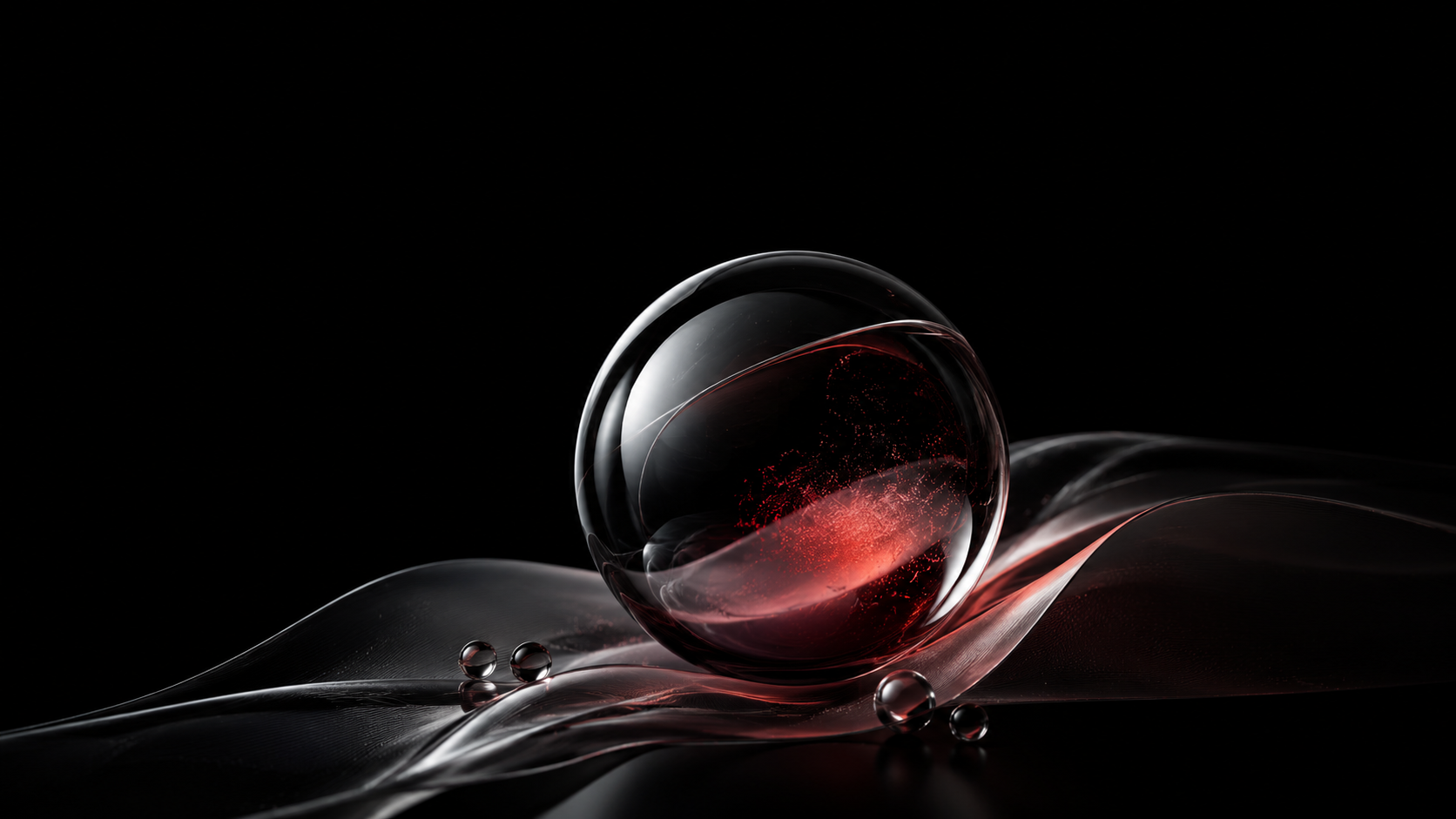 Minimal black luxury skincare background with red illuminated glass sphere, representing sensitive redness-prone skin, barrier support, and regenerative skin comfort