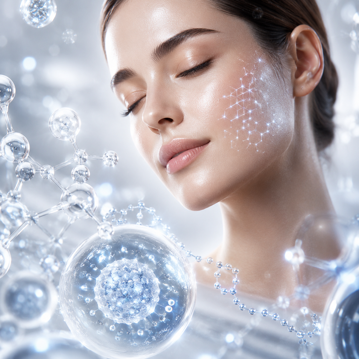 Refined female face with luminous skin surrounded by glowing exosome particles, serum droplets, and peptide chains in a soft white and silver biotech atmosphere, representing CELONIQUE regenerative beauty science.
