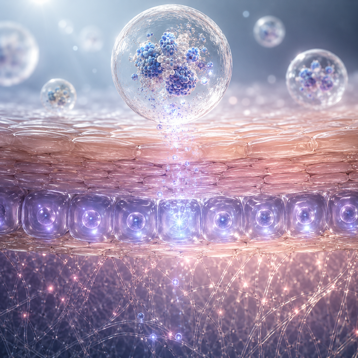 Scientific 3D illustration of exosomes releasing luminous particles into the skin stem cell layer, showing cellular communication and deep skin renewal support.