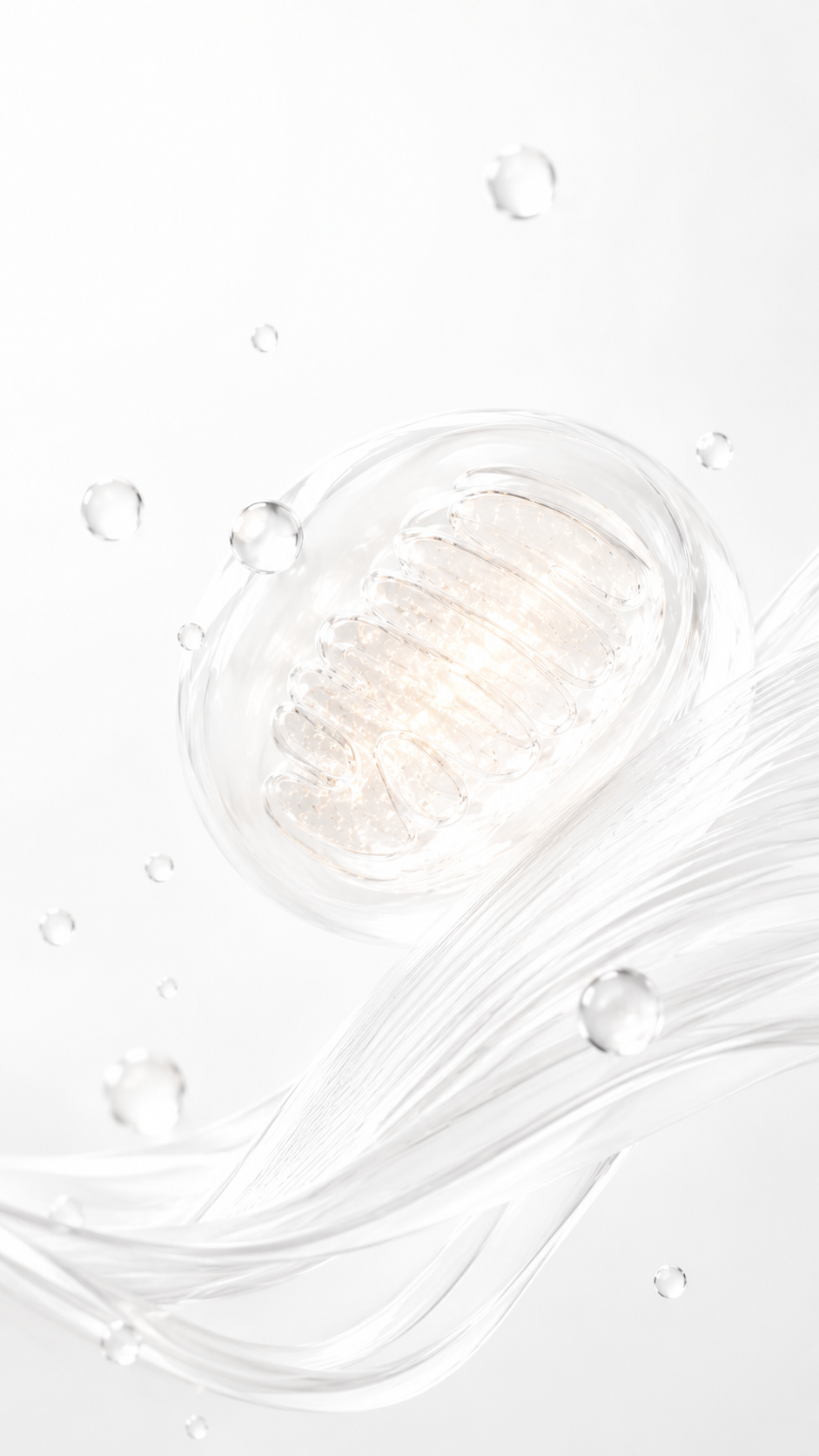 Vertical minimal CELONIQUE biotech skincare image with glowing mitochondria-inspired cell, clear droplets and flowing white lines representing skin vitality and cellular energy.