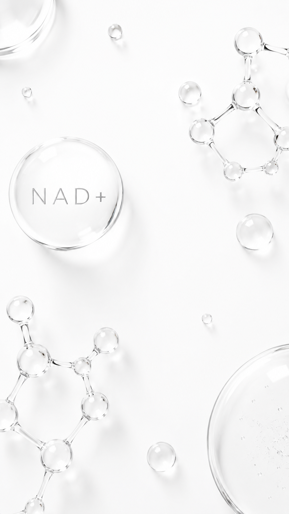 Vertical minimal white CELONIQUE skincare science image showing NAD+ cellular energy with molecular droplets and clear structures for advanced skin renewal.