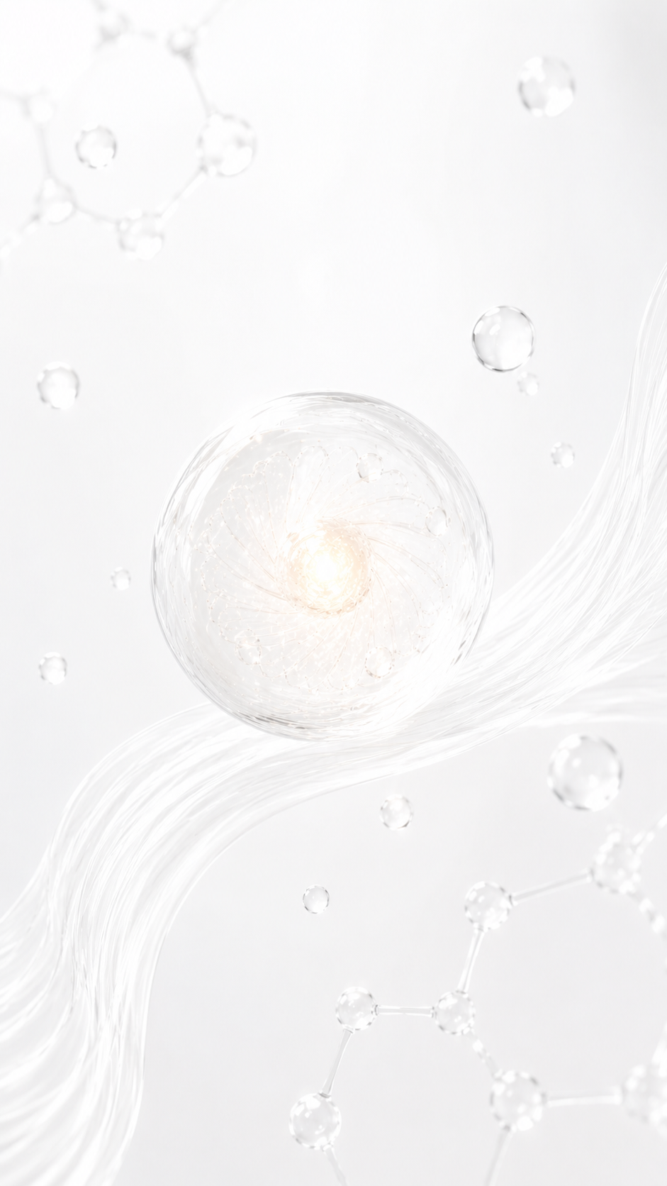 Vertical minimal white CELONÍQUE skincare science image with glowing cellular sphere, molecular droplets and flowing biotech lines representing senescence and slow-aging skin renewal.