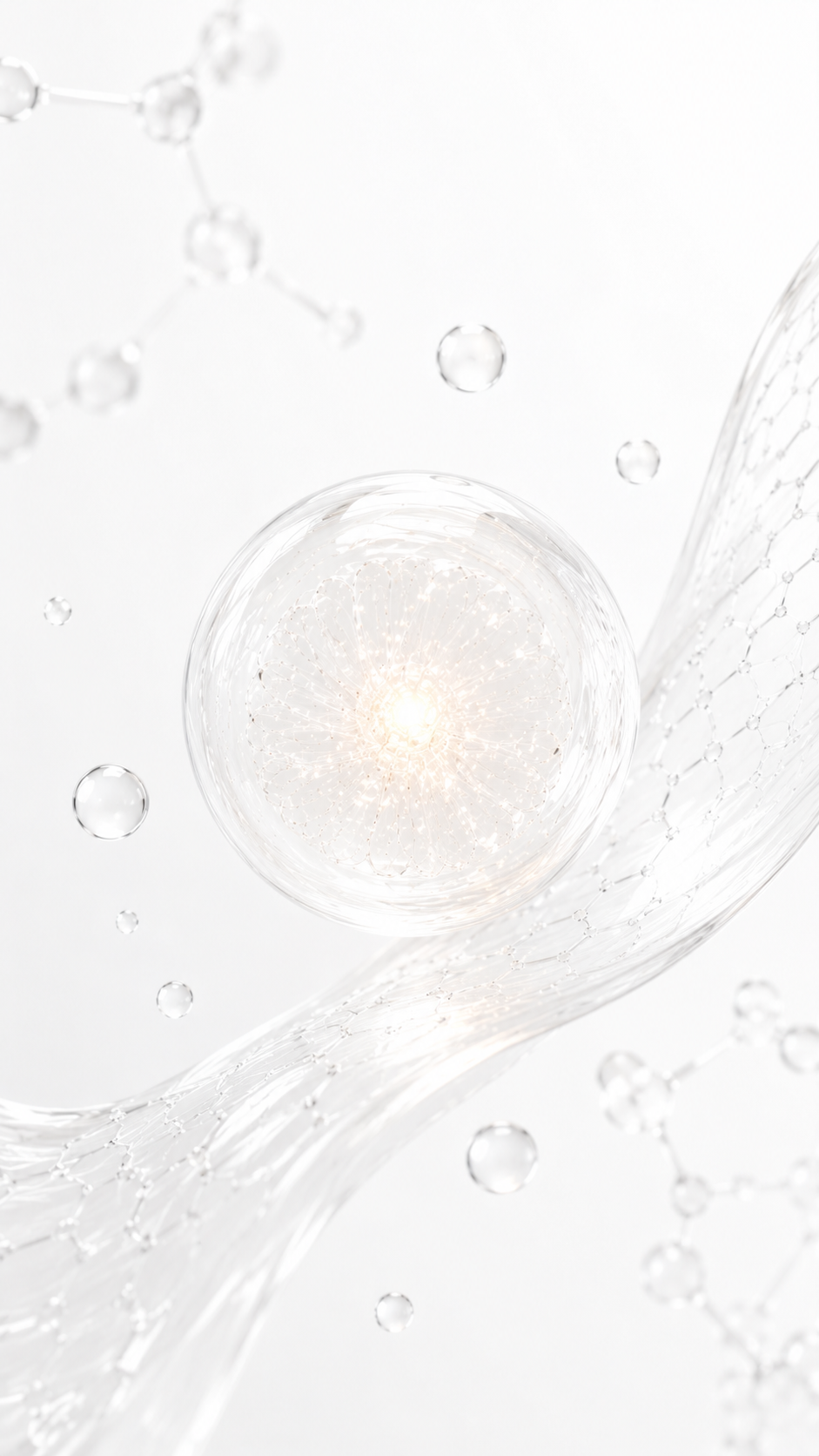 Vertical minimal white CELONIQUE skincare science image with glowing cellular sphere, molecular droplets and flowing biotech structures representing skin longevity and cellular renewal.