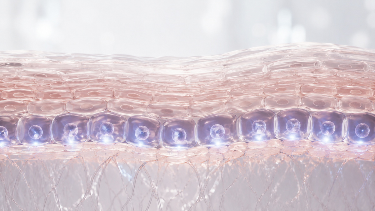 Scientific 3D illustration of the skin stem cell layer with softly glowing basal cells, translucent skin layers, and a clean luxury biotech aesthetic.