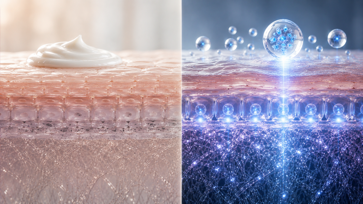 Scientific 3D comparison of surface skincare and deeper stem cell layer renewal, showing cream on the skin surface beside illuminated cellular activity beneath the skin.
