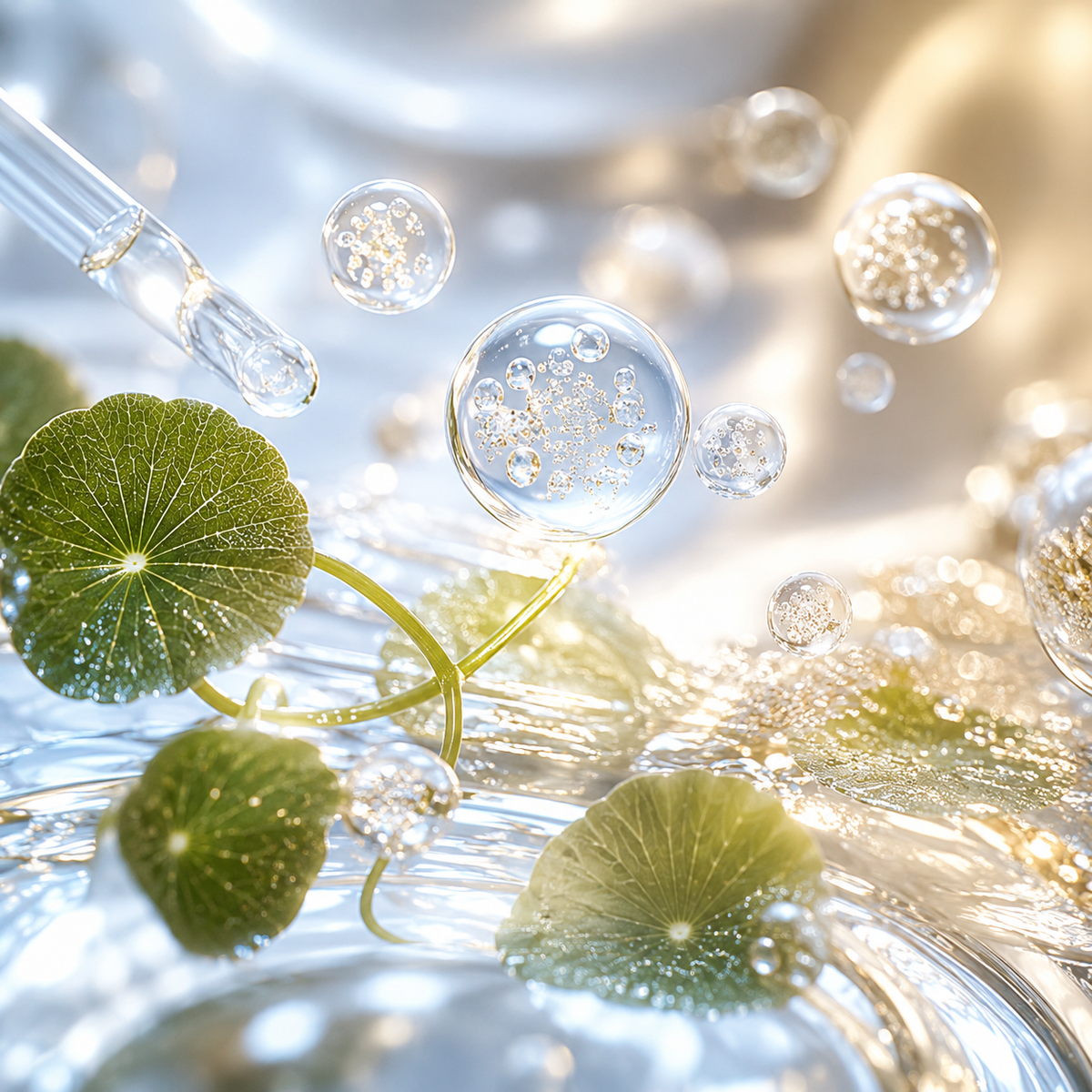 Translucent plant-derived vesicles surrounding fresh Centella asiatica leaves in a luxury biotech skincare setting.