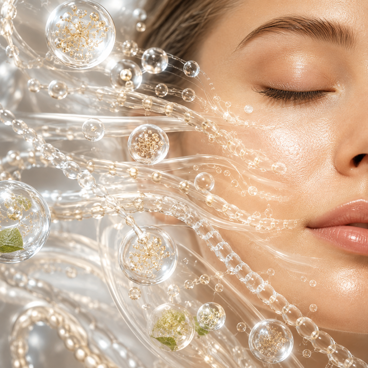 Luminous facial skin surrounded by layered peptide chains, plant-derived vesicles and hydrating moisture droplets.