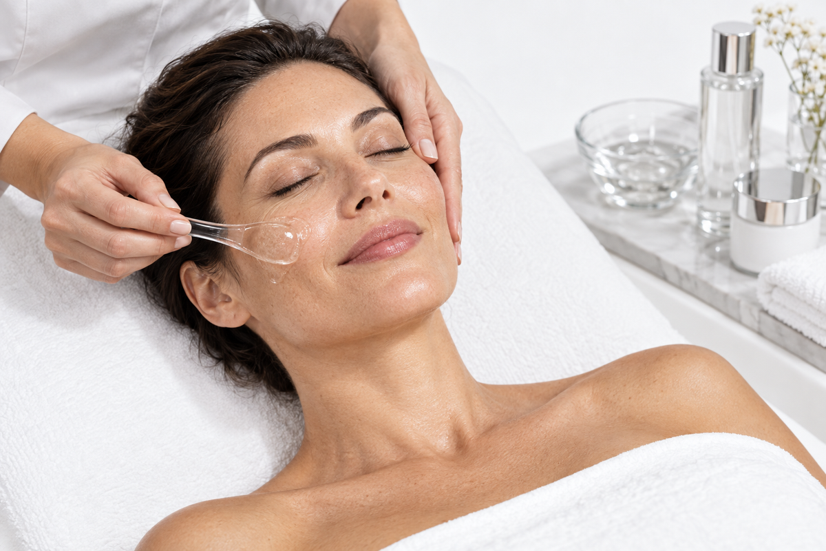 Woman receiving a professional skincare treatment with clear gel applied gently to her cheek.