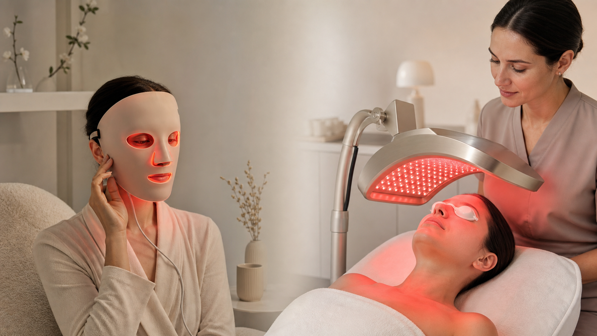 Woman using an LED facial mask at home beside a professional red-light treatment scene in a connected ivory CELONIQUE setting.