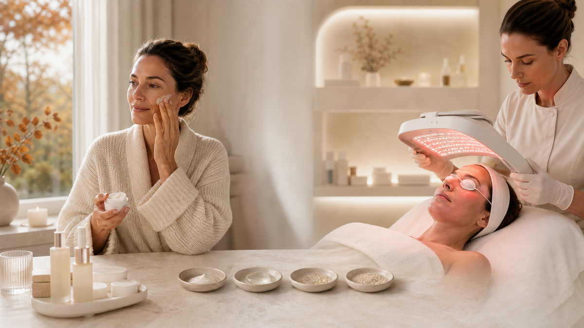 Woman applying facial cream at home beside a professional red-light skincare treatment, representing a four-week autumn routine.