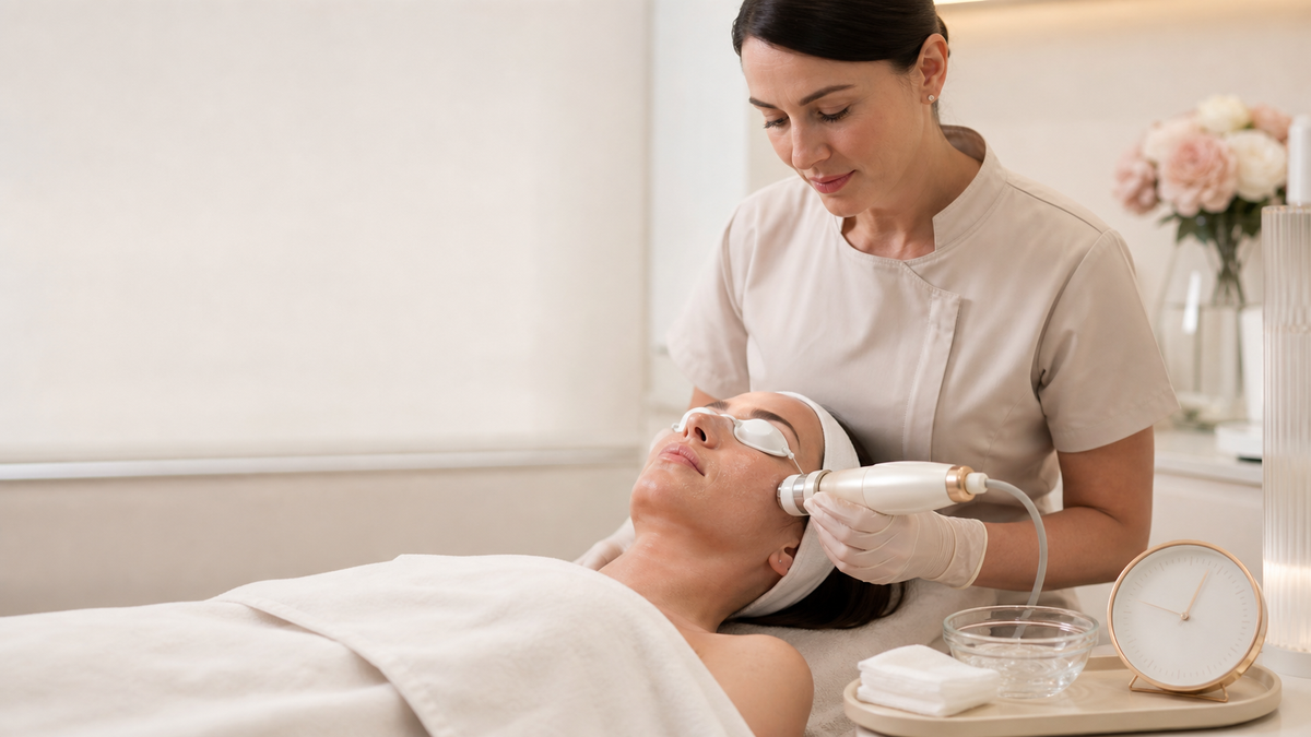 Skincare professional performing a focused facial device protocol on a client wearing protective eye shields in a luxury treatment studio.