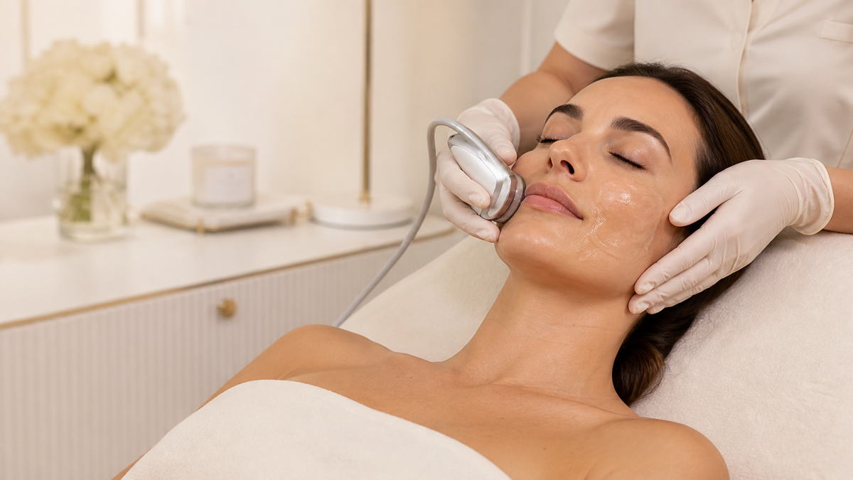 Professional applying a cosmetic iontophoresis probe over conductive gel on a woman’s cheek in an ivory CELONIQUE treatment studio.