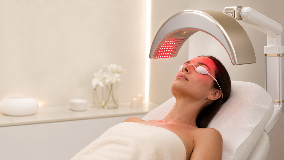 Woman wearing protective eye shields beneath a professional red LED facial device in an ivory CELONIQUE treatment room.