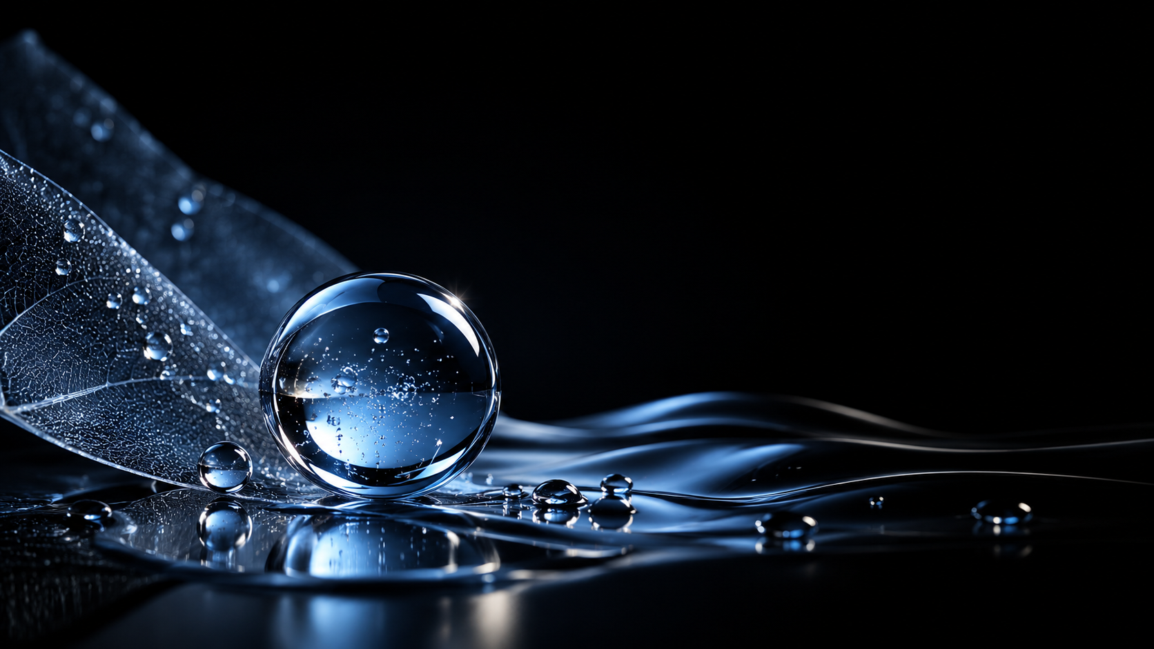 Minimal black luxury skincare background with blue water droplets and reflective hydration elements, representing dryness, dehydration, and moisture renewal