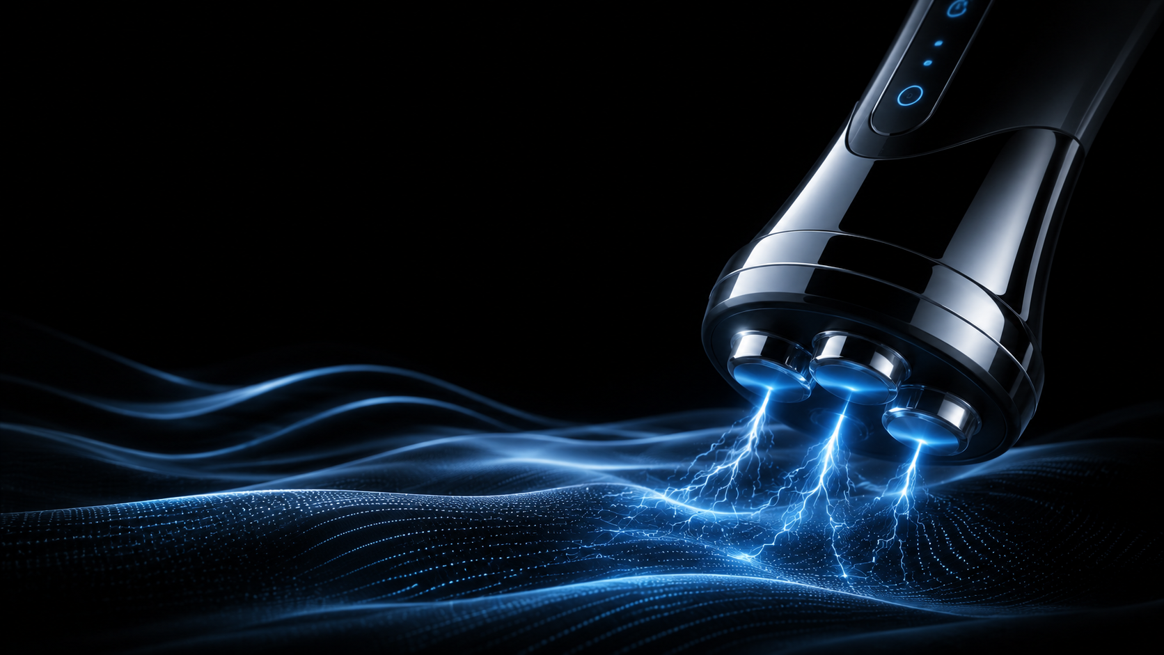 Minimal black high-tech skincare background with blue electrical stimulation waves and metallic EMS device, representing EMS training, muscle activation, and professional body contouring technology