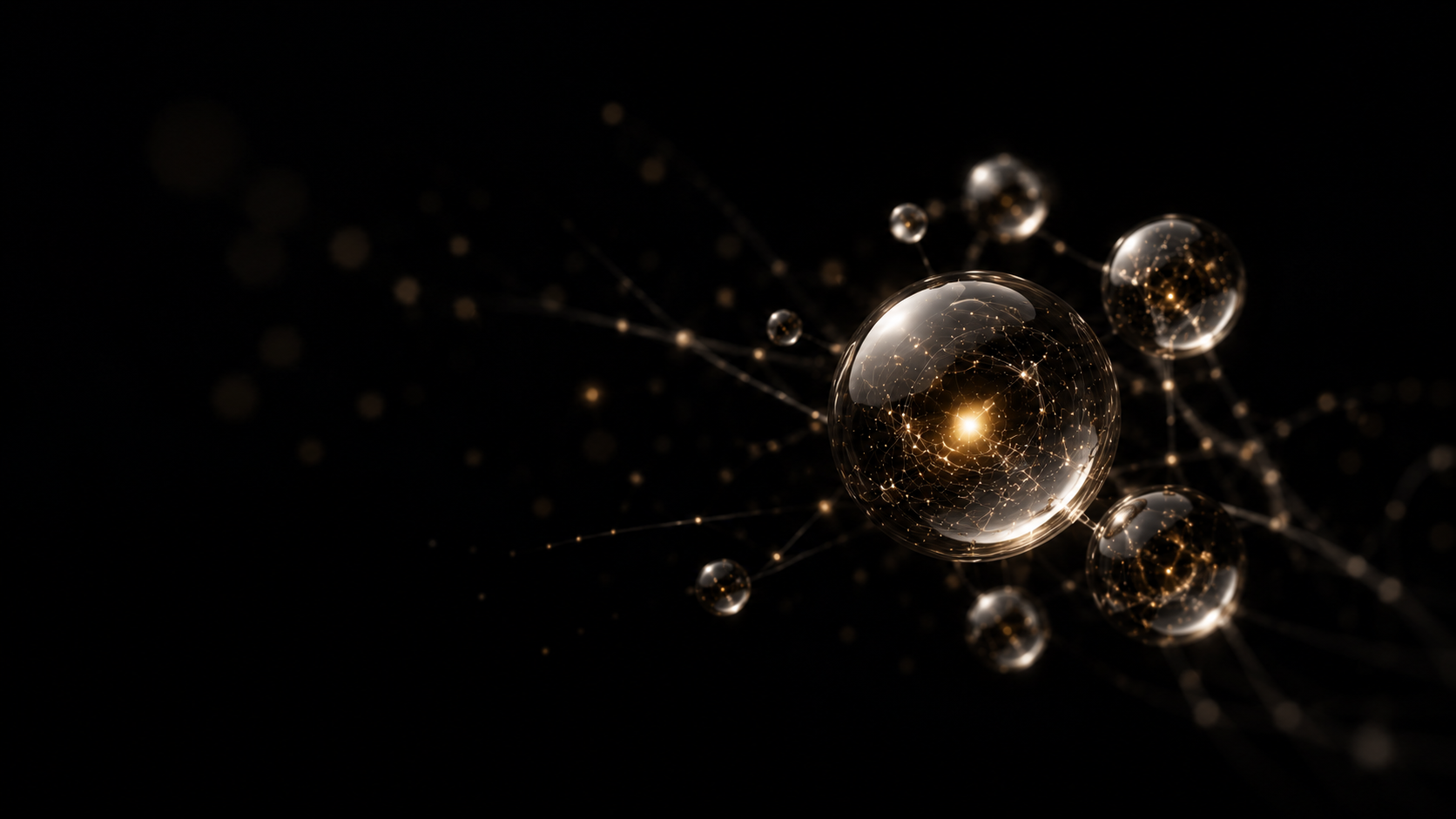 Minimal black luxury biotech skincare background with golden bioactive molecules, representing bio-regenerative actives, cellular renewal, and advanced skin vitality