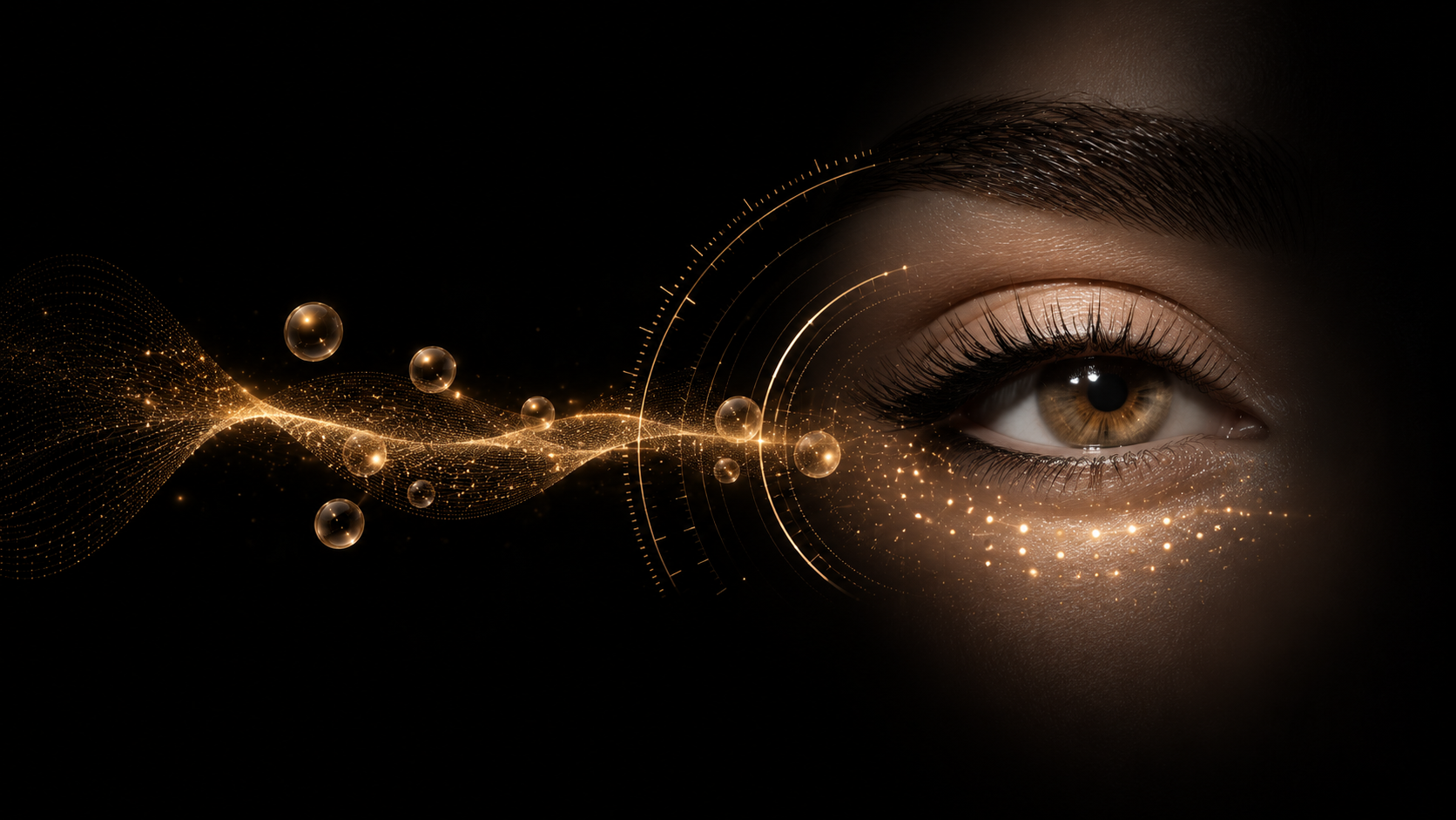 Minimal black luxury skincare background with illuminated eye area and golden biotech energy, representing advanced eye care, visible renewal, and regenerative skincare science
