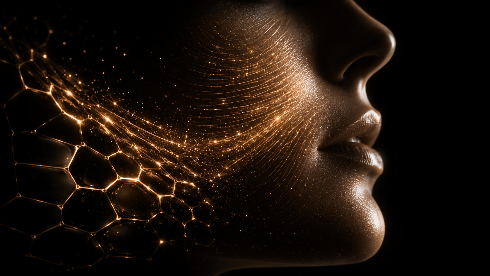 Minimal black luxury skincare background with golden skin texture lines and cellular grid, representing fine lines, refined texture, and advanced regenerative skincare science