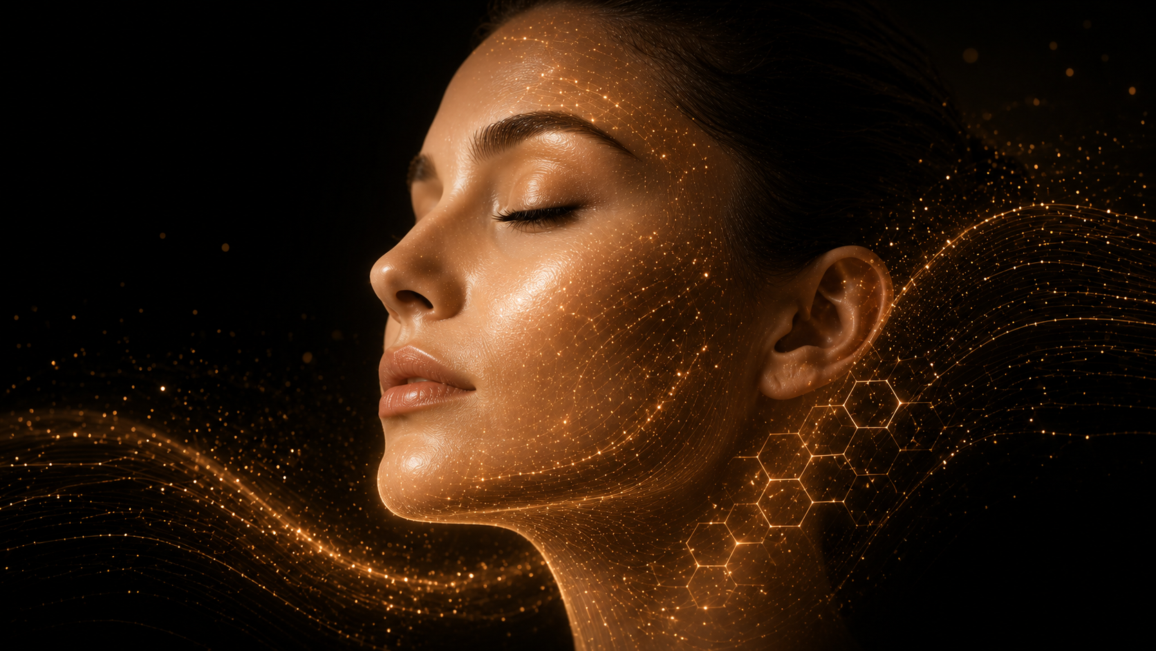 Minimal black luxury skincare background with radiant facial profile and golden cellular energy, representing advanced face care, skin vitality, and regenerative beauty science