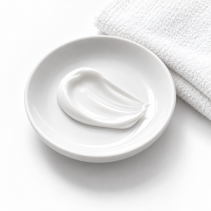White cream dish and folded towel on a white background