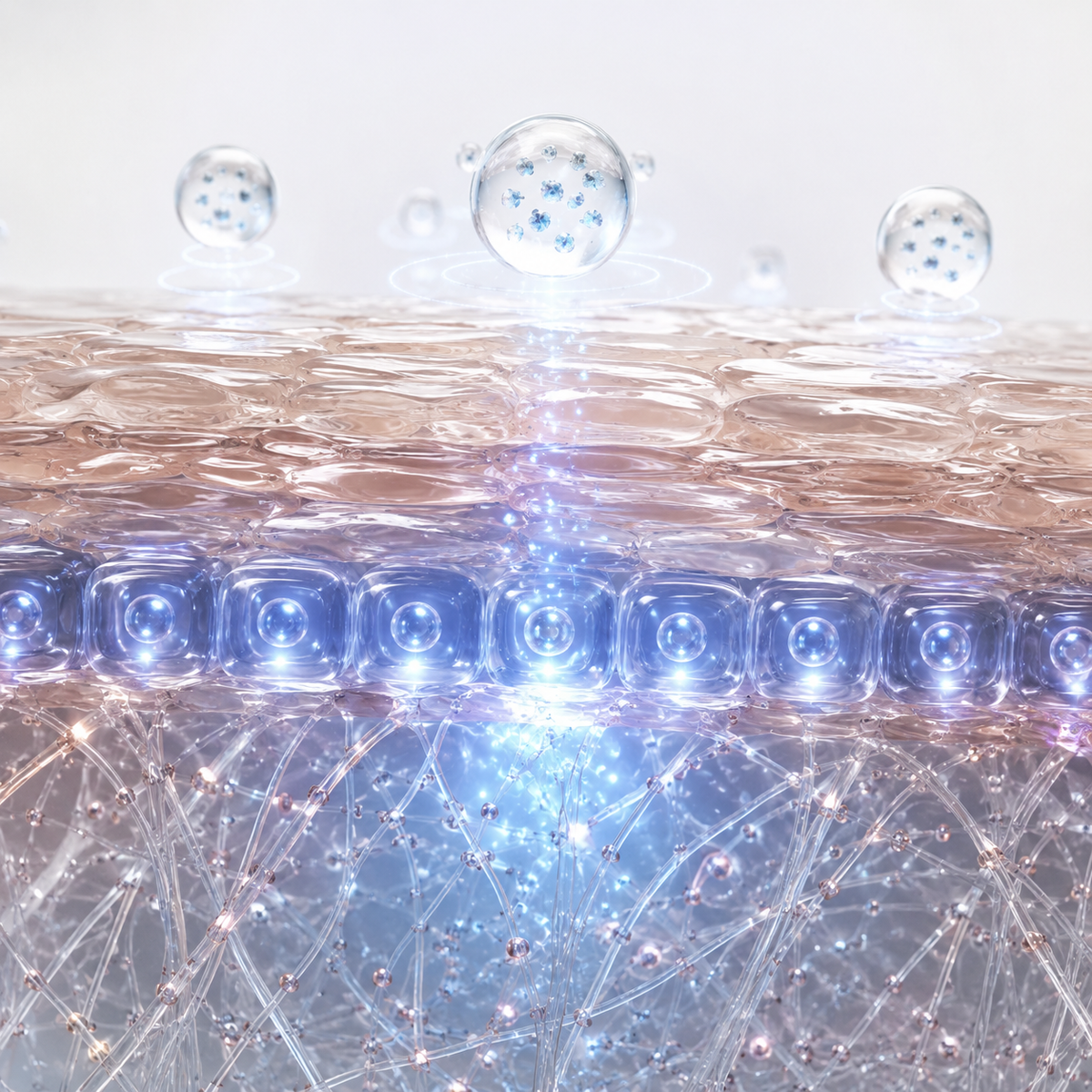 Futuristic skin cross-section showing glowing exosome spheres penetrating toward the basal layer with blue cellular energy and collagen network, representing CELONÍQUE regenerative skincare technology.
