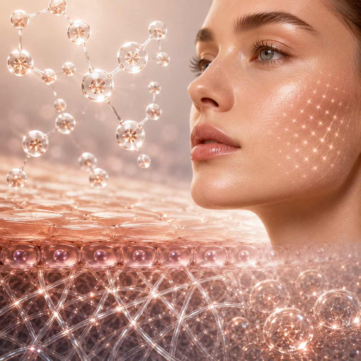 Luxury skincare science concept with radiant skin, peptide molecules, glowing collagen network, and visible skin-layer renewal.