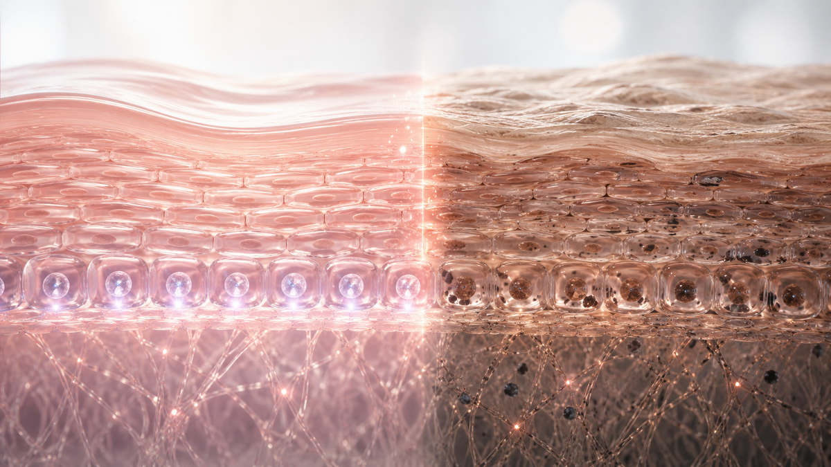 Scientific skin cross-section comparing a luminous active basal layer with a weakened skin renewal structure, illustrating the importance of basal layer vitality for smoother, healthier-looking skin.