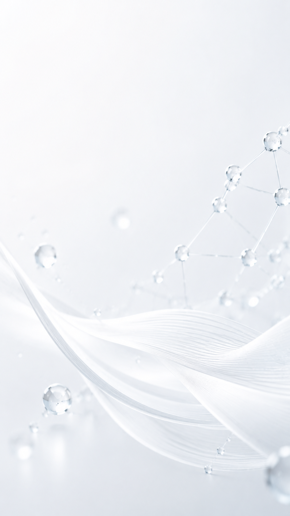 Vertical minimal white CELONIQUE skincare science image with molecular droplets and flowing biotech waves representing PDRN and polynucleotide skin renewal.