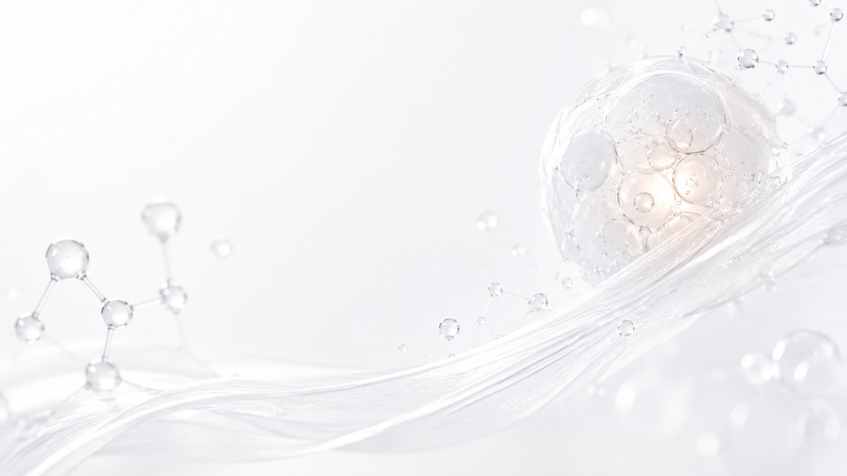 Minimal white CELONIQUE skincare science image with cellular sphere, molecular droplets and flowing biotech lines representing retinal and retinoid skin renewal.