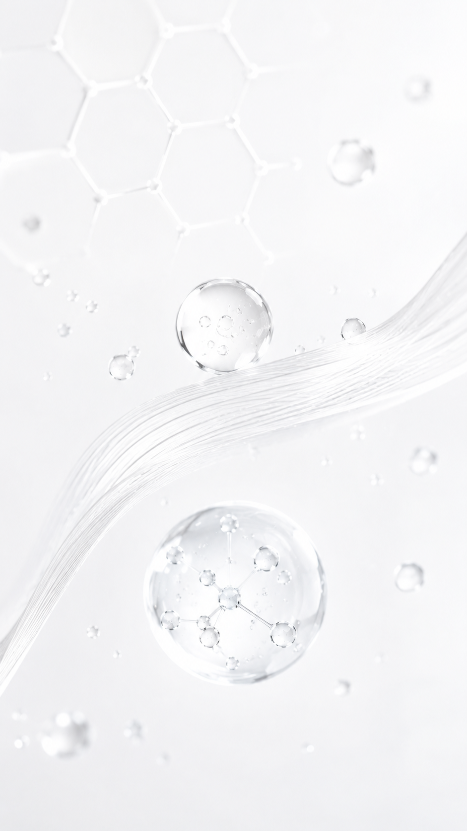 Vertical minimal white CELONIQUE skincare science image with molecular droplets, hexagon structure and flowing biotech lines representing retinal and retinoid skin renewal.